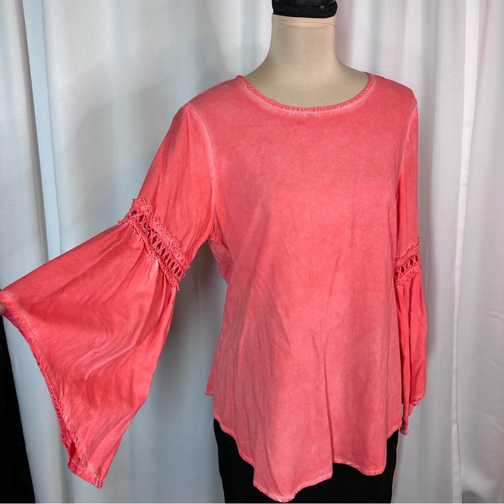Spense Top Sz S Blouse Shirt Tunic Bell Sleeve Vintage Wash Coral Colorful EUC‎